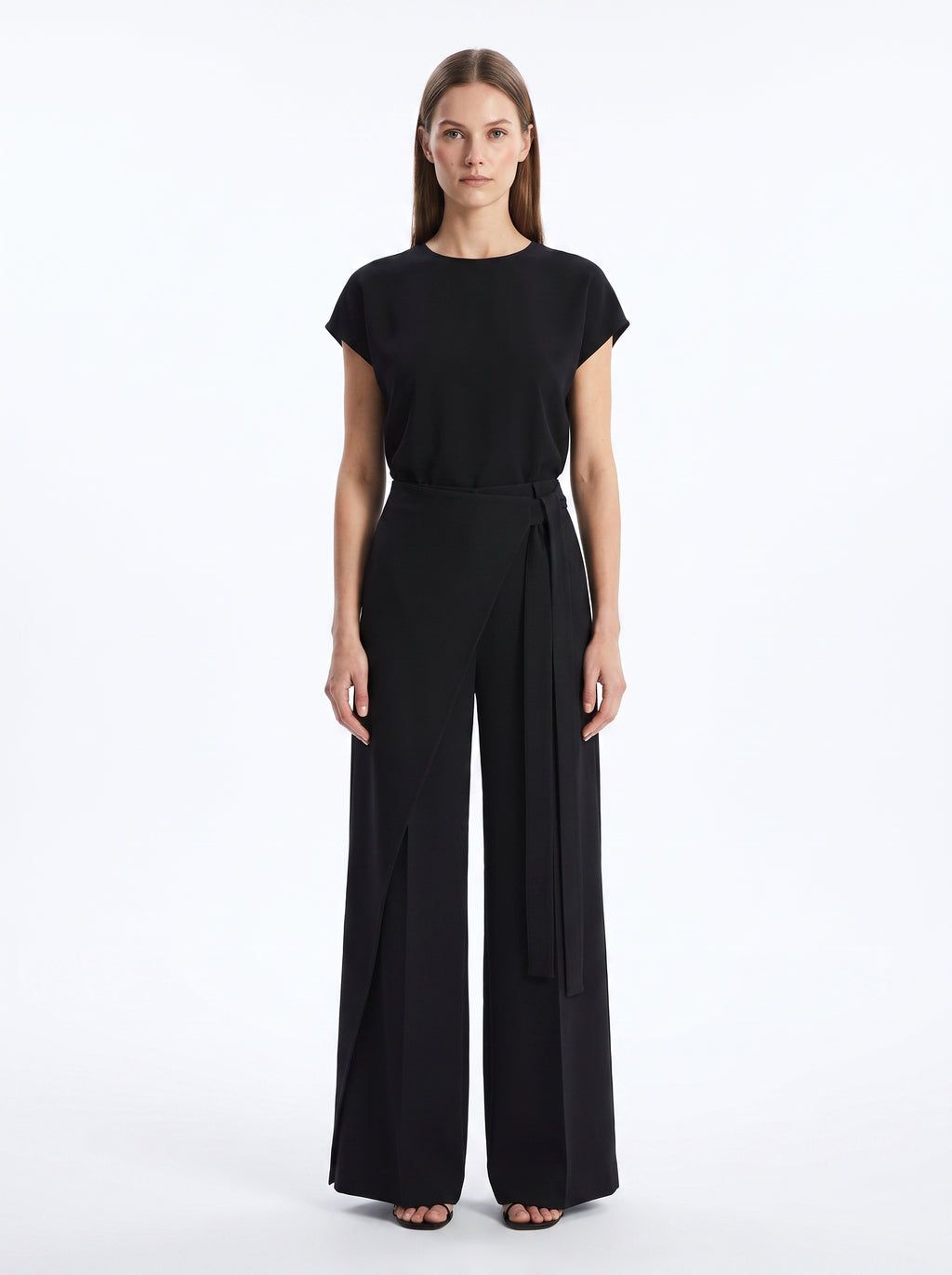 Asymmetric Wrap Wide Leg Pants - Black