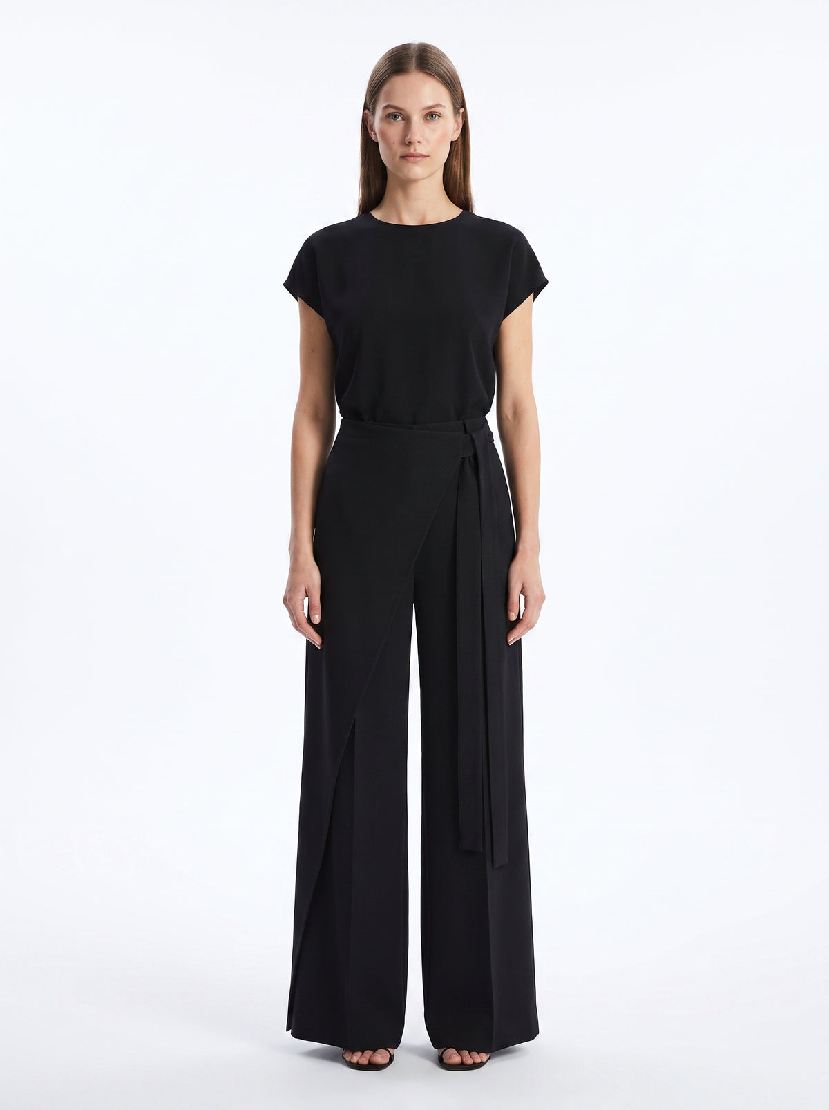 Asymmetric Wrap Wide Leg Pants - Black