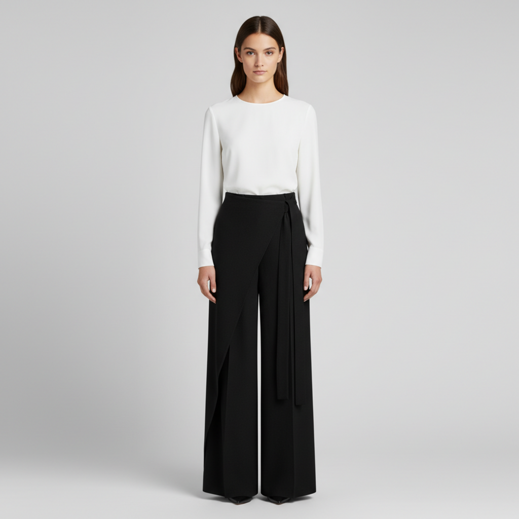 Asymmetric Wrap Wide Leg Pants - Black