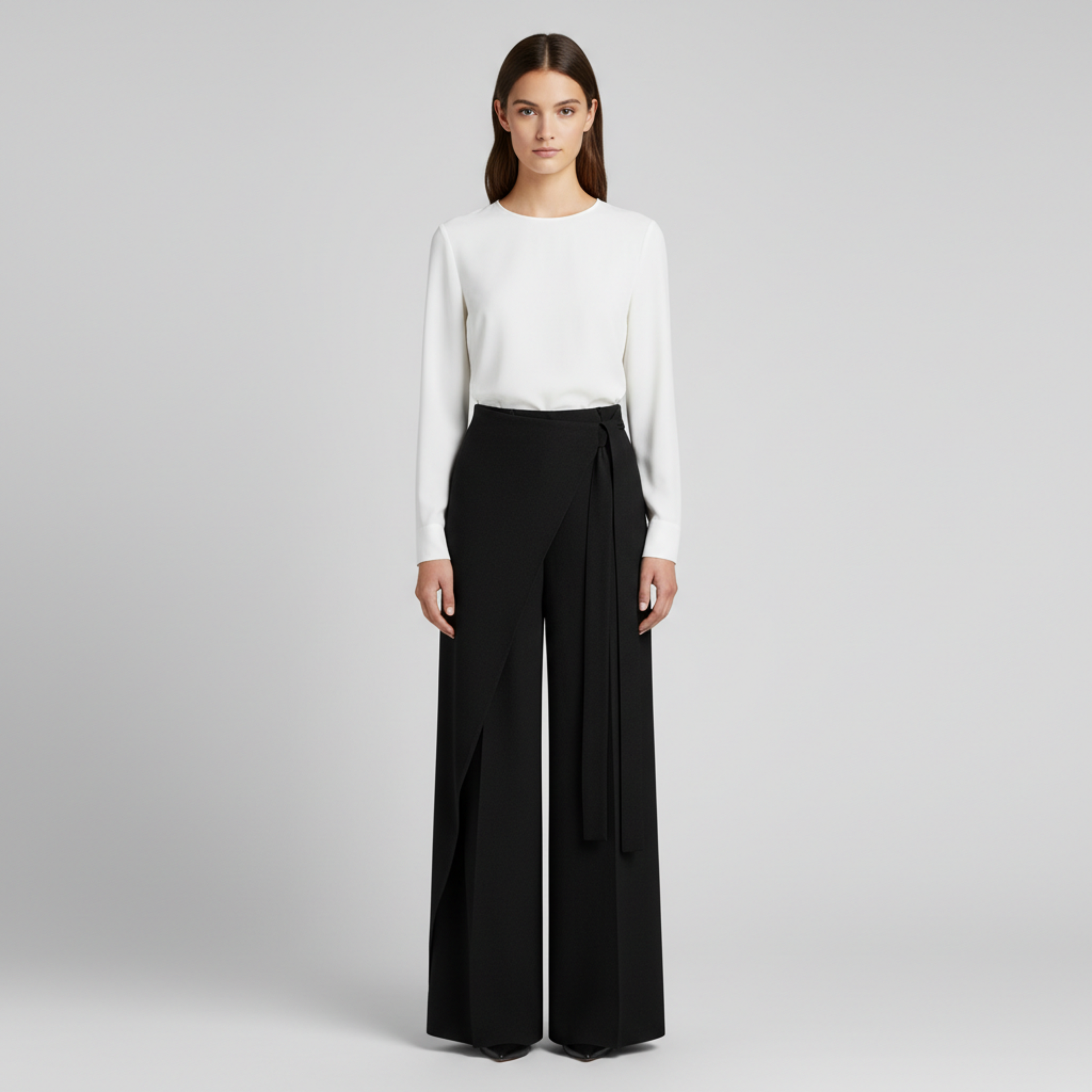 Asymmetric Wrap Wide Leg Pants - Black