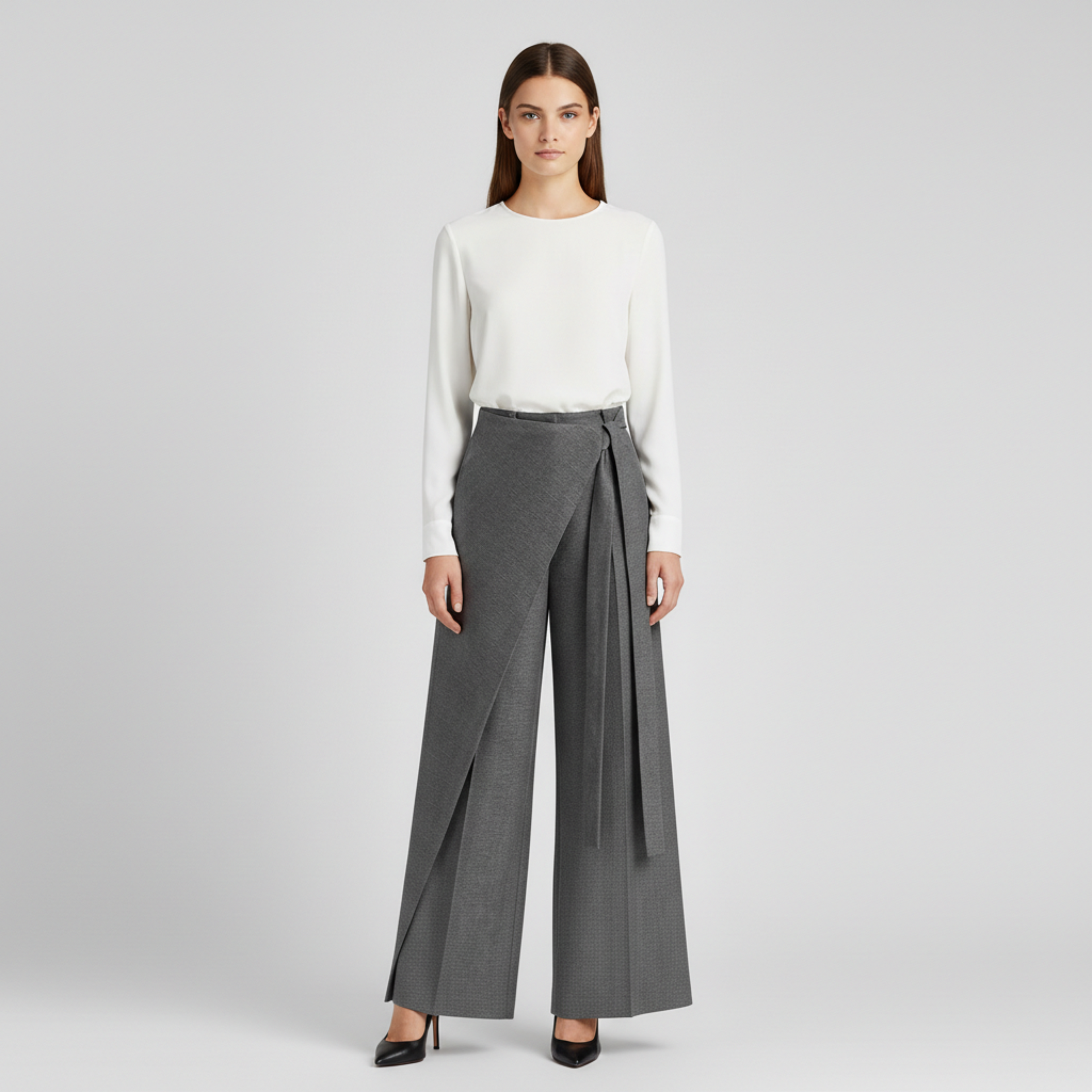 Asymmetric Wrap Wide Leg Pants - Gray