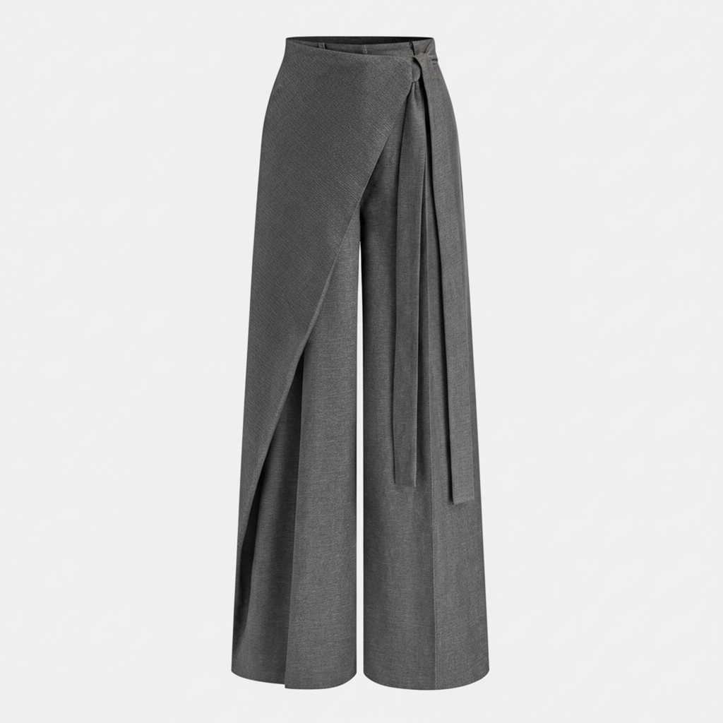 Asymmetric Wrap Wide Leg Pants - Gray