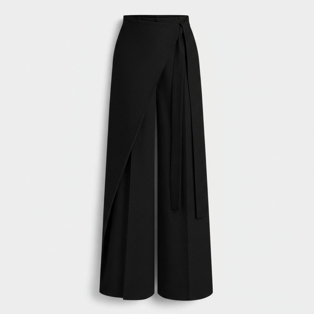 Asymmetric Wrap Wide Leg Pants - Black